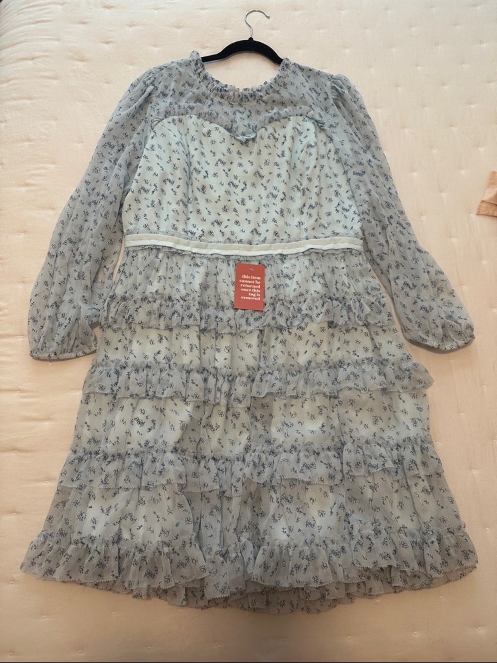Ivy City Co Pale Blue Floral Ruffle Tiered Long Sleeve Dress
